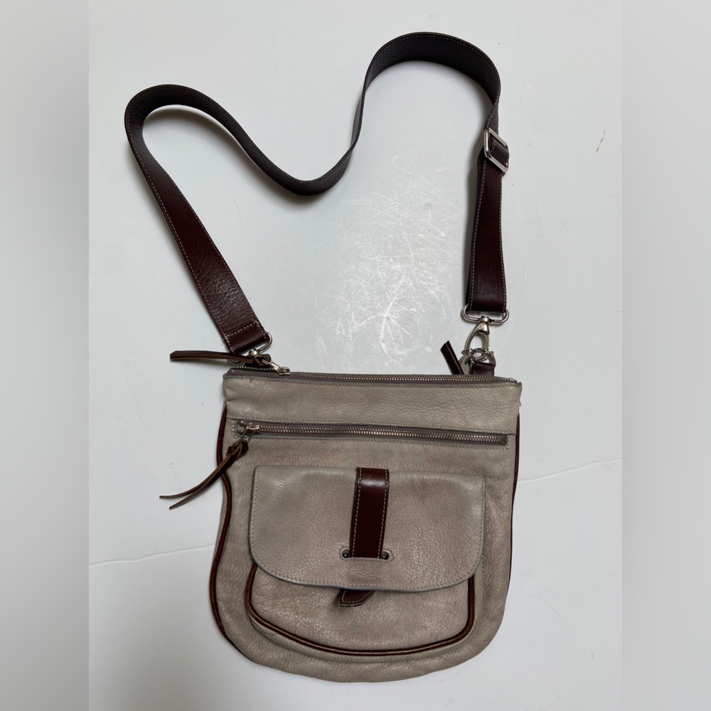 Roots leather side saddle adjustable cross body bag side saddle grey brown